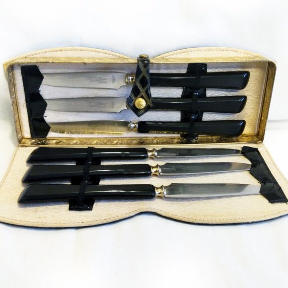 Vintage Glo-Hill Black Bakelite Handles-Steakmates De-luxe- Steak Knives & Case - Picture 1 of 14
